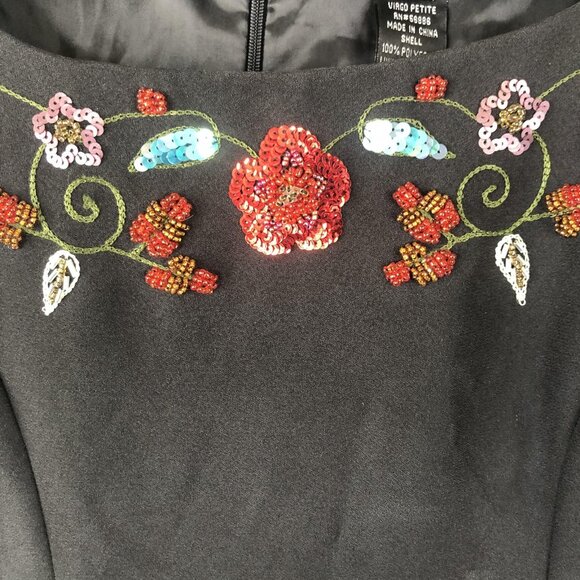 Virgo Petite Dress Womens Size 10 Black Floral Embroidered Beaded Maxi Formal - Picture 10 of 13